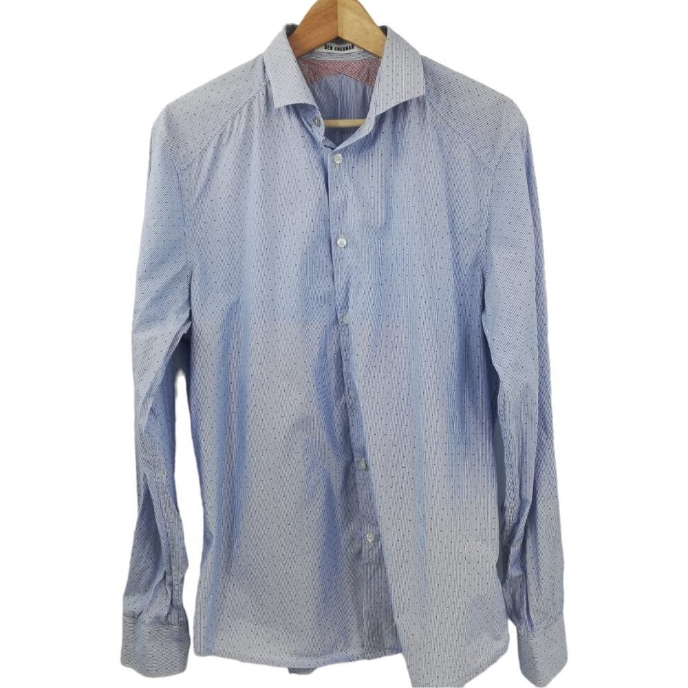 Ben Sherman Striped Polka Dot Button Up Shirt Size XL Blue Red Contrast Cuff